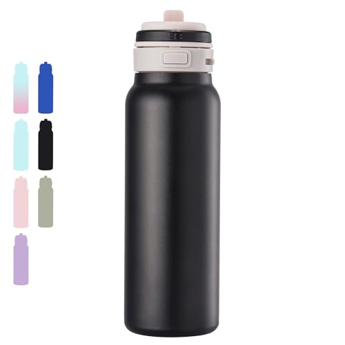 Fijinhom 24 oz Insulated Water Bottle, 2-in-1 Stainless Steel with Straw and Spout, Leak Proof,Fits in Car Cup Holder, 304 Stainless Steel with Wide Mouth, Great for Sports, Travel, Work (Black)