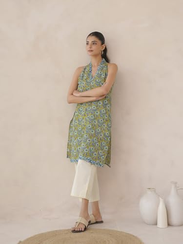 Image of GOODHAND Chic Cotton Halter Kurti with Timeless Block printsPerfect for Casual outings or Festive Flair-Where Traditional Charm Meets Modern Silhouette