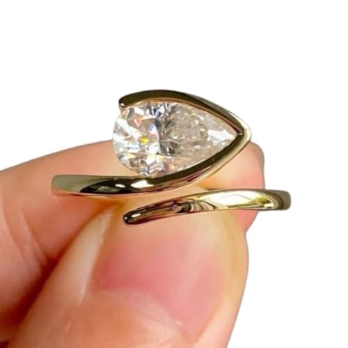 Silvart 2 CT East To West Pear Cut Moissanite Diamond Open Bypass Wedding Ring Elegant Bezel Set Solitaire Trending Teardrop Ring For Women 14K Yellow Gold Plated Handmade Modern Luxury Jewelry Gifts