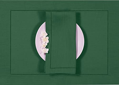 D'moksha Placemats Forest Green 14X19 Inch Set Of 4, 100% Pure Linen Hemstitch Cloth Placemats/Dinner Mats/Dining Table Mat For Summer, Wedding, Machine Washable #TOP17