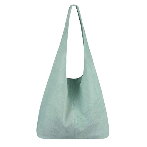 OBC Made in Italy Damen Leder Tasche Shopper Schultertasche Hobo-Bag Henkeltasche Beuteltasche Handtasche Reise (Mint (Wildleder))