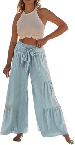Womens Fashion High Waist Pleated Wide-Leg Pants Casual Loose Flare Palazzo Pant Beach Bell Bottom Lounge Trouser