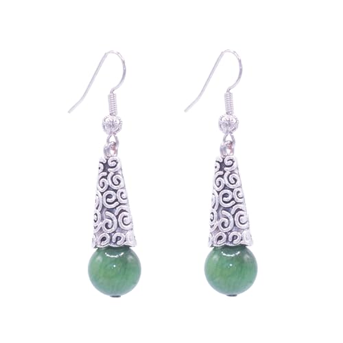 NILUXE DESIGN- Pendientes Mujer Largos con Piedra Natural Chapados en Platino -Cono Grabado Estilo Boho-Pendientes Colgantes Mujer Bohemios Handmade Diseño Artesanal Elegante (Jade Verde)