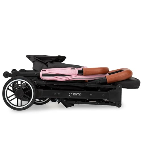 MoMi ESTELLE Kinderwagen ab 6. Monat (bis 15 kg), klappbarer Buggy mit 5-Punkt-Sicherheitsgurt, Einkaufskorb und Liegefunktion, Teleskop-Stange zum Ziehen, steht nach dem Zusammenklappen