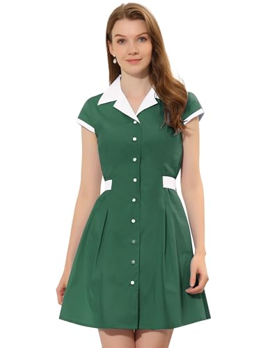 Image of Allegra K Women's Vintage Button Down Shirt Dress Notch Lapel Short Sleeve Belted Office Mini Short Dresses