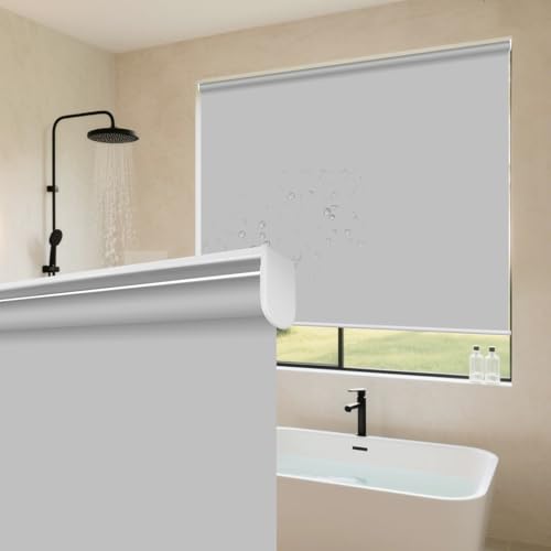 Chefru Kitchen Bathroom Waterproof Window Shades, Cordless 100% Blackout Waterproof and Oilproof Resistent, Provide Privacy and Easy Care Light Grey Window Blinds