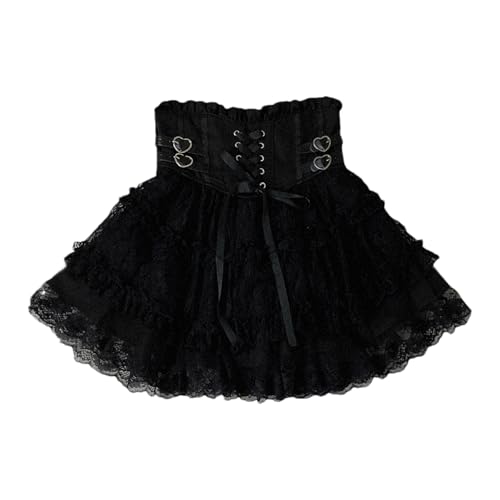 Cuteighteen Lolita Falda corta con volantes para mujeres y adolescentes, japonesa Y2K, kawaii, cintura alta, elástica, con cordones, con vuelo, lindas faldas, Negro, Talla única