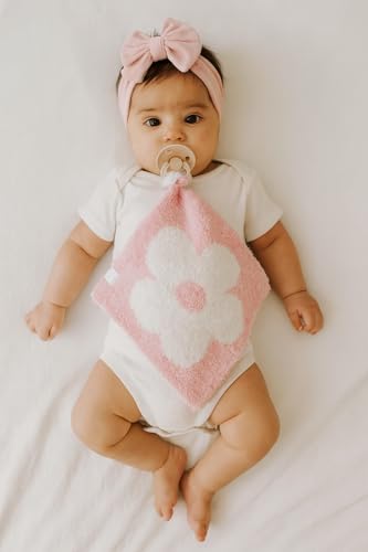 Image of L+L USA Retro Flower Baby Lovey Pacifier /Teether Holder 10 inchx10 inch - DreamSoft Plush Fluffy Cuddly Soothie Reversible Mini Comfort Blanket - Cute Newborn Gift Essential Babies Boys Girls (Pink /White)