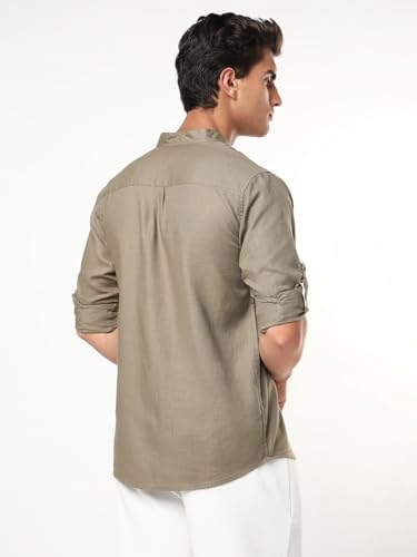 Image of Urbano Fashion Men's Linen Blend Full Sleeve Relaxed Fit Mandarin Collar Casual Solid Shirt