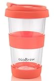 Glas Kaffeebecher to Go | Doppelwandig Isolierung Thermobecher | 340 ml Coffee to go Becher mit sicherem Silikon Deckel | Kaffee Travel Mug für zu Hause, Büro oder Auto | Lebende Koralle