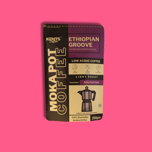 Image of Kents Coffee Ethiopian Groove - Light Roast Medium Fine Grind | LOW ACIDIC COFFEE | For MOKA POT , DRIP MACHINE, FILTER, AEROPRESS, V60 | 100% Arabica Powder | Zesty, Floral, Fruity Notes | Chikmagalur Single Estate | Honey Sundried Arabica | REAL LIGHT ROAST COFFEE (200g)