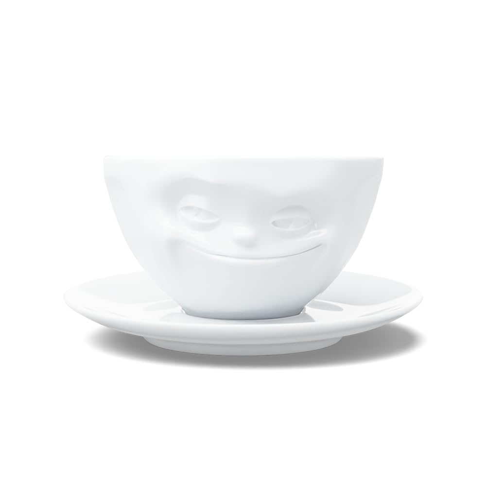 FIFTYEIGHT PRODUCTS TASSEN Porcelain Coffee Cup with Saucer, Grinning Face Edition, 6.5 oz. White (Single Cup & Saucer)