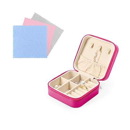 FuninCrea Jewellery Box Organiser for Women, Mini PU Leather Travel Jewelry Storage Case with 3pcs Silver Cloth for Rings Earrings Necklace, Portable Jewelry Case for Girl, Wife, Mother (rose)