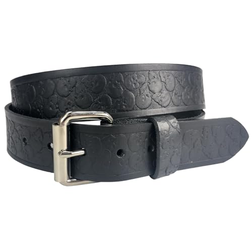 Zelikovitz Black Solid Veg-Tan Leather Belt - Embossed Skulls 1.5
