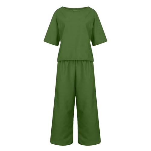 Women's Summer Tracksuit Set Linen Co Ords Sets Short Sleeve Round-Neck T-Shirt Solid Cotton Linen Tops and Loose Wide Leg Pants 2 Piece Outfits Plus Size Loungewear for Holiday Travel - Image 4