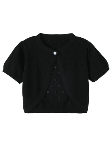 Image of Black Girls Bolero Shrug, Girls Cardigan Size 10 Short Sleeve, Kids Knit Sweater, Button Cover Up Cropped Tops