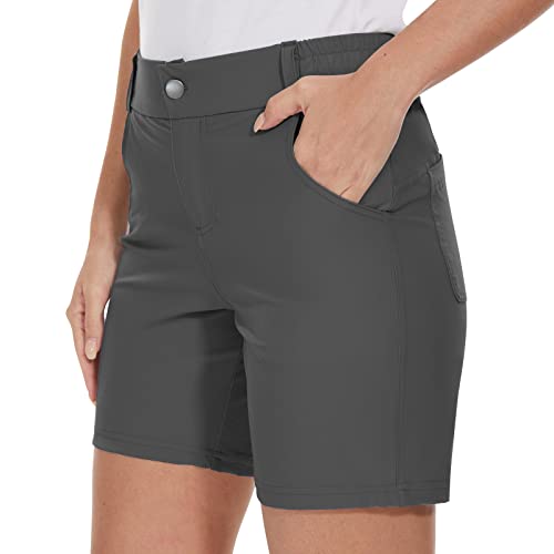 Cagola Pantalones cortos de verano para mujer, de secado rápido, de 7 pulgadas, cintura alta, casuales, con bolsillos, Gris oscuro, Large