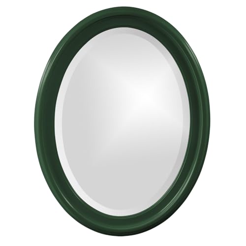 Image of Howard Elliott Collection George Oval Glossy Hunter Green Wall Mirror, Oval Bevelled Hanging Wood Framed Vanity Mirrors for Home Decor, Living Room, Bathroom, Bedroom, or Hallway, 25 x 33 Inch