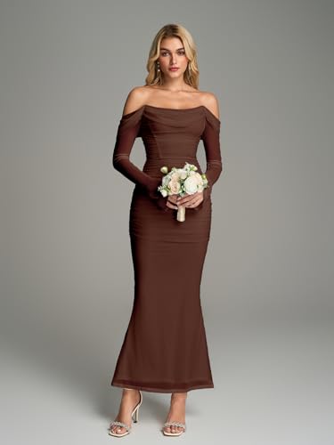 KUTUMAI Off Shoulder Long Sleeve Maxi Dress Corset Bodycon Ruched Cocktail Formal Wedding Guest Dresses for Women Fall2