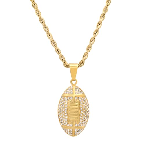 Mens Necklace – Steeltime Football Pendant Chain for Men – Stainless Steel Jewelry with CZ Stones – Waterproof Rope Chain – Mens Pendant – American Football Necklace