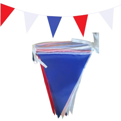 30 Meters 98ft Red White Blue Party Banner Bunting Double Sided Fabric Pennant 75pcs Triangle Flags VE Day Union Jack Patriotic Decorations