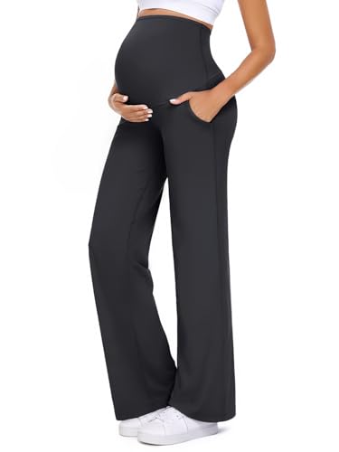 Summer Mae CloudFeel Maternity Pants Over The Belly Pregnancy Yoga Pant with Pockets Stretchy Casual Lounge Wide Leg Trousers Black