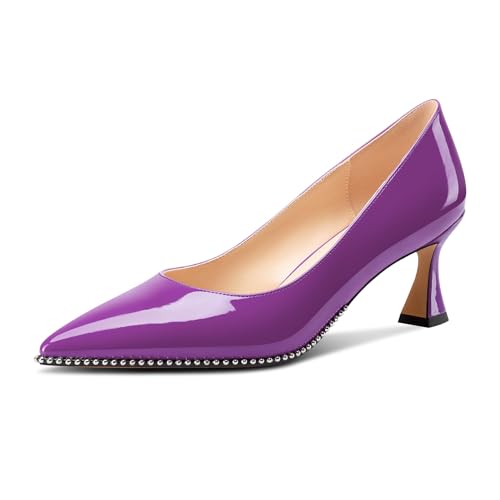 Image of TNYNFBEB Womens Mid Kitten Heel Pointed Toe Pumps Slip-on Silver Beaded Prom Party Dress Patent Leather 2.6 Inches Heels