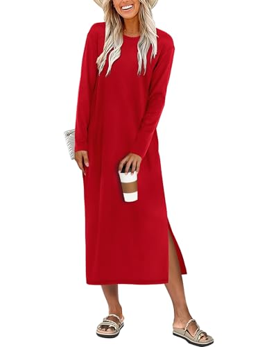 ANRABESS Long Sleeve Midi Dresses for Women Fall Fashion Casual Vacation Crewneck Loose Split Striped Long Tshirts Dress Red M
