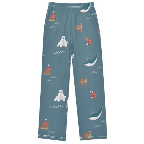 Boy's Pj Pants Whale Polar Bear Fox Sailboat Lounge Bottoms Elastic Waist Kids Joggers with Pockets Size 6-14