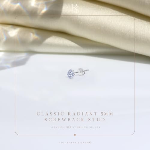 Image of HIGHSPARK 925 Silver Solitaire Screwback Stud Earring | 92.5 Sterling Silver & Diamond Like Brilliance Zirconia Top | Single Stud for Men | 5mm