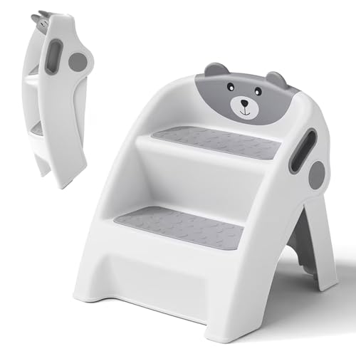 Image of Toddler Step Stool Foldable 2 Step Stool for Kids Collapsible Stool Anti-Slip Stepping Stool for Bathroom Sink Potty Toilet Toddler Kitchen Helper (Grey)