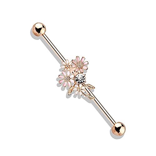 Pierced Owl - 14GA Stainless Steel CZ Crystal and Enamel Flower Bouquet Industrial Barbell
