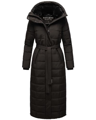 Navahoo Damen Wintermantel Warmer Steppmantel lang mit Kapuze und Taillengürtel Das Teil XIV Black Gr. XL