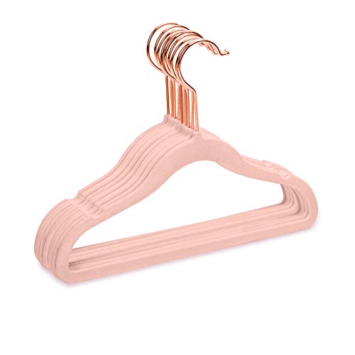 Image of MIZGI Premium Kids Velvet Hangers (Pack of 50) with Copper/Rose Gold Hooks,Space Saving Ultra Thin,Non Slip Baby Hangers for Children's Skirt Dress Pants,Clothes Hangers(Blush Pink)