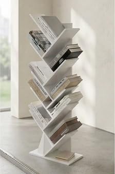 Image of Furniture Cafe Modern Tree-Shaped Bookshelf - 9-Tier Vertical Book Rack Organizer for Living Room, Bedroom, or Office (White)