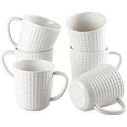 15 oz Ceramic Coffee Mugs Set of 6 - White Waffle Embossed Coffee Cups with Large Handle - Mugs for Latte, Cappuccino & Hot Cocoa - Dishwasher & Microwave Safe - Father's Day & Housewarming Gift
