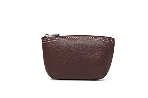 Hepcelt-Women's Leather Coin Purse Change Mini Wallet Pouch Zipper Coin Purse Holder with Key Chain, Coffce
