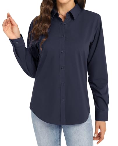 J.VER Blaue Bluse Damen Business Hemd Bügelfrei Berufliche Eleganz Langarm Regular Fit Unifarben Für Büro Outdoor Party Navy Blau
