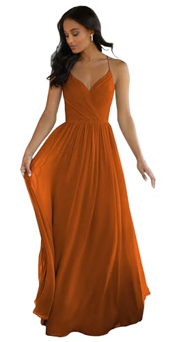 Image of Women's V Neck Bridesmaid Dresses Long for Wedding A-Line Chiffon Open Back Formal Gown with Pockets