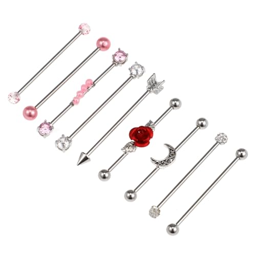 DEARMAMY 9 Piezas Pendientes Dobles Barra Industrial Aretes De Aro Pendientes De Aros De Oro Para Mujer Pendiente De Diamantes De Imitación Arete De Caracola Hélice Acero Inoxidable Silver
