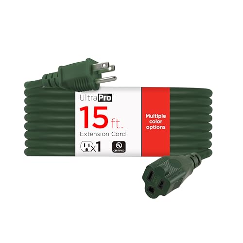 UltraPro Outdoor Extension Cord 15 Ft Heavy Duty 3 Prong Extension Cord 16 AWG 125 VAC Outdoor Long Power Strip ETL Listed Green 68306