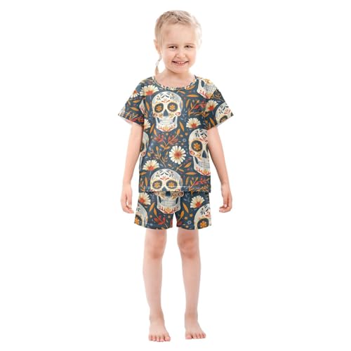 ALAZA Skeleton Flower Floral Sugar Skull Pajamas Set Short Sleeve Cotton Sleepwear Summer Pjs 2 Piece 5-14Y3