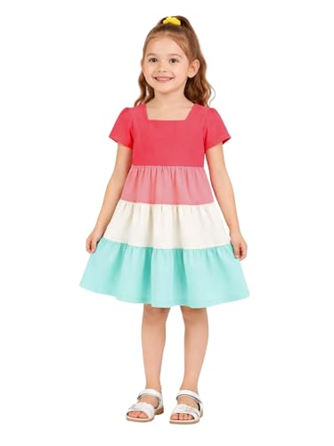HILEELANG Girls Dress Colorblock Tiered Lightweight Soft Cotton Spring Summer Twirl Dress for Toddler Little Girls 2-8Y - Image 3