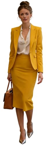 Botong Womens Business Skirt Suit Set 2 PC Slim Fit Skirt and Blazer Office Lady Interview Outfits Yellow 0