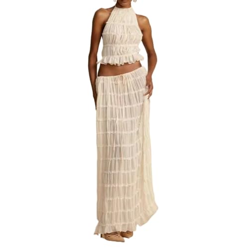 Women 2 Piece Ruffle Maxi Skirt Set Y2k Front Tie Up Tank Top Flowy Ruffle Long Skirts Summer Beach 2Pc Outfits