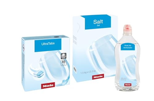 Miele Dish Essentials Cleaning Value Bundle for Miele Dishwashers, Includes 60 UltraTabs in Biodegradable Wrapping, 1.5 kg Dishwasher Salt, and 500 ml Rinse Aid, Phosphate-Free – 11791100