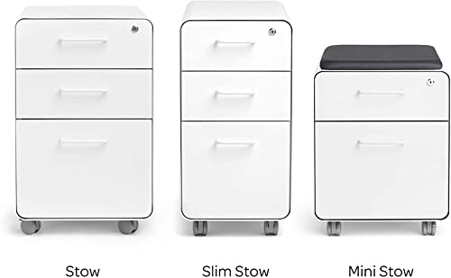Poppin Stow 3-Drawer Rolling File Cabinet - White. 2 Utility Drawers And 1 Hanging File Drawer. Two Locking And Two Non-Locking Wheels. Powder-Coated Steel. Two Keys Included #TOP4