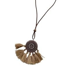 Vintage Leather Cord Totem Disc Tassel and Beads Pendant Necklace