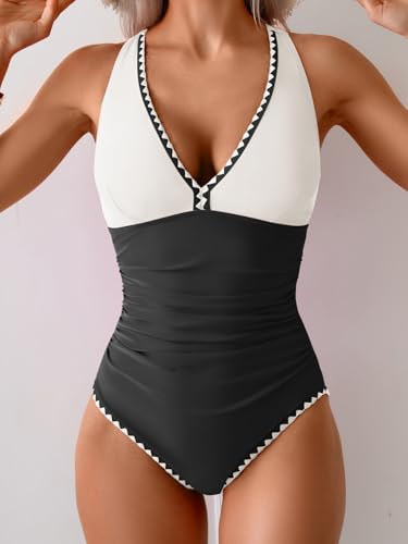 Image of B2prity One Piece Swimsuit for Women Tummy Control Ruched Bathing Suit Push Up Tie Back Swimwear Shell Stitched
