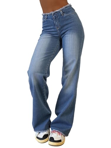 EMMIOL Women's Wide Leg Jeans Baggy Jeans Mid Rise Straight Leg Stretch Raw Hem Denim Pants Fall Outfits